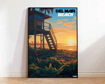 Del Mar Beach Poster, Lifeguard Tower Travel Poster, California Wall Art, San Diego Digital Illustration, Sunset Surf Poster