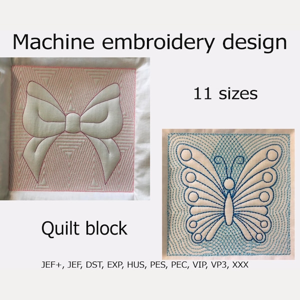 Quilt block Machine Broderie design Set Bow et Butterfly Trapunto Fichiers de broderie 11 tailles