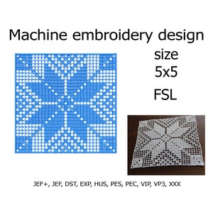 May include: A blue and white machine embroidery design of a snowflake pattern. The design is 5 inches by 5 inches and is available in the following formats: JEF+, JEF, DST, EXP, HUS, PES, PEC, VIP, VP3, XXX.