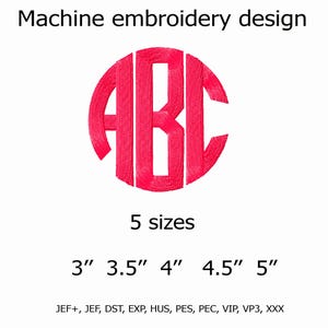 May include: Machine embroidery design featuring a red monogram with the letters ABC inside a circle. The design is available in five sizes: 3", 3.5", 4", 4.5", and 5". Includes JEF+, JEF, DST, EXP, HUS, PES, PEC, VIP, VP3, and XXX formats.