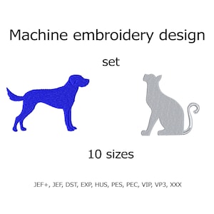 May include: Machine embroidery design set of a blue dog and a gray cat silhouette. The design comes in 10 sizes and is available in JEF+, JEF, DST, EXP, HUS, PES, PEC, VIP, VP3, and XXX formats.