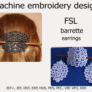 Op de afbeelding: Een set met machine borduurpatronen voor een haarspeld en oorbellen. De patronen zijn in een delicaat kantpatroon. De haarspeld is zwart en de oorbellen zijn wit.