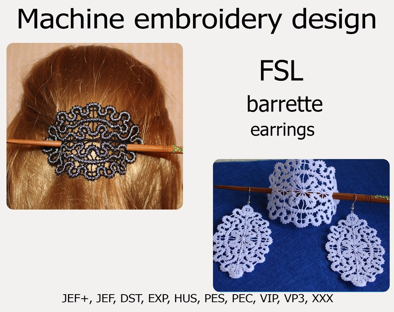 Op de afbeelding: Een set met machine borduurpatronen voor een haarspeld en oorbellen. De patronen zijn in een delicaat kantpatroon. De haarspeld is zwart en de oorbellen zijn wit.