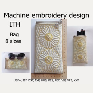 May include: Machine embroidery design for a bag featuring a daisy pattern. The design is available in 8 sizes and comes in JEF+, JEF, DST, EXP, HUS, PES, PEC, VIP, VP3, and XXX formats.
