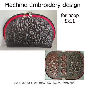 May include: A dark gray cosmetic bag with a floral design, red trim, and a zipper closure. The text "Machine embroidery design for hoop 8x11" is displayed. The bag is approximately 8 inches by 11 inches.
