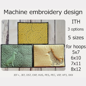 May include: Machine embroidery design for a dog silhouette with a mandala pattern. The design is available in 3 options and 5 sizes for hoops: 5x7, 6x10, 7x11, and 8x12. The design is available in the following formats: JEF+, JEF, DST, EXP, HUS, PES, PEC, VIP, VP3, XXX.
