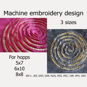 May include: Machine embroidery design in three sizes: 5x7, 6x10, and 8x8. The design is a spiral pattern, shown stitched on pink fabric and denim. The design is available in the following formats: JEF+, JEF, DST, EXP, HUS, PES, PEC, VIP, VP3, and XXX.