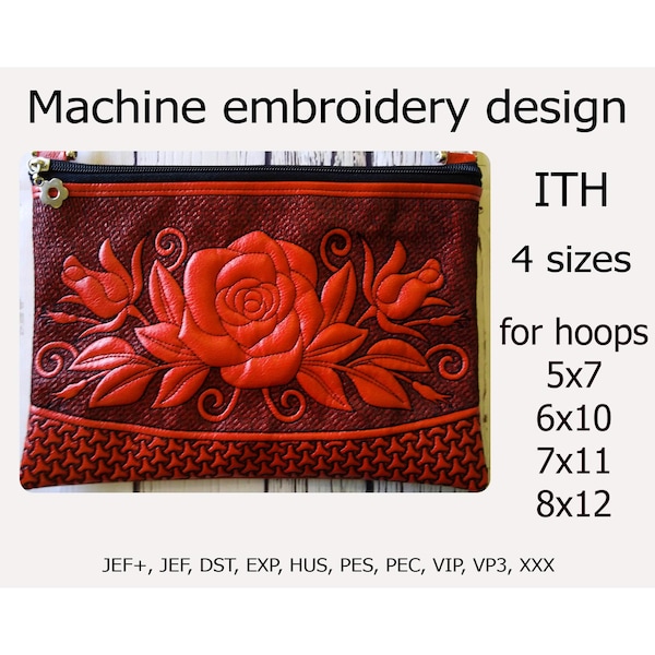 Bolsa con cremallera In The Hoop Diseños de bordado a máquina de rosas Bolsa de cosméticos ITH Proyecto ITH