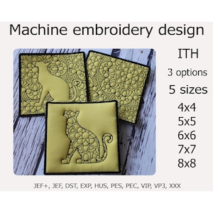 ITHコースターキルティング猫マグラグフープ刺繍デザインコーヒーマグポットホルダー機械刺繍デザインITHプロジェクト5サイズ