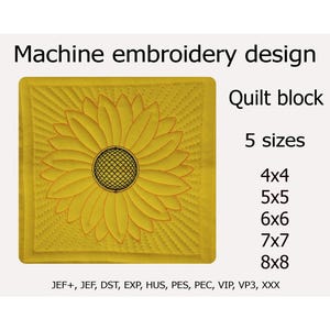 Quiltblok zonnebloem machine borduurwerk ontwerp Trapunto borduurbestanden 5 maten 4 x 4 5 x 5 6 x 6 7 x 7 8 x 8