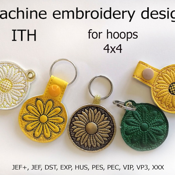 ITH Key Fob Sunflower embroidery design In the hoop projects for hoop 4x4