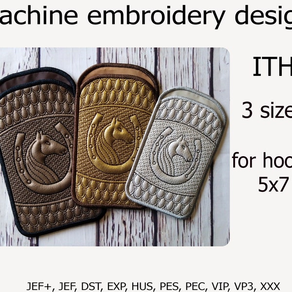 Funda de teléfono de herradura de caballo en el diseño de bordado de aro Estuche de anteojos Archivo de bordado Proyecto ITH para aros 5x7