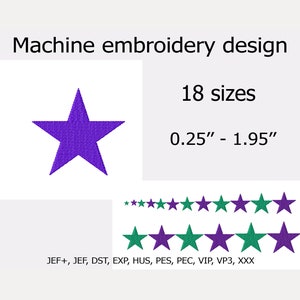 May include: Purple star machine embroidery design in 18 sizes, ranging from 0.25 inches to 1.95 inches. The design is available in JEF+, JEF, DST, EXP, HUS, PES, PEC, VIP, VP3, and XXX formats.