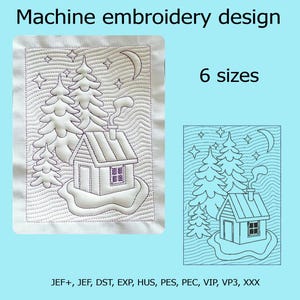 Puede incluir: Diseño de bordado a máquina que presenta una escena invernal con una casa, árboles, estrellas y una luna creciente. El diseño está cosido con hilo blanco sobre un fondo claro. También se incluye el texto "6 tamaños".