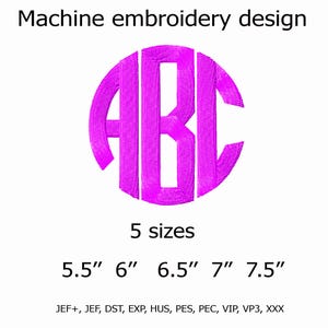 May include: A machine embroidery design featuring the letters "ABC" in a circular monogram style, rendered in bright pink. The design is available in five sizes: 5.5", 6", 6.5", 7", and 7.5".