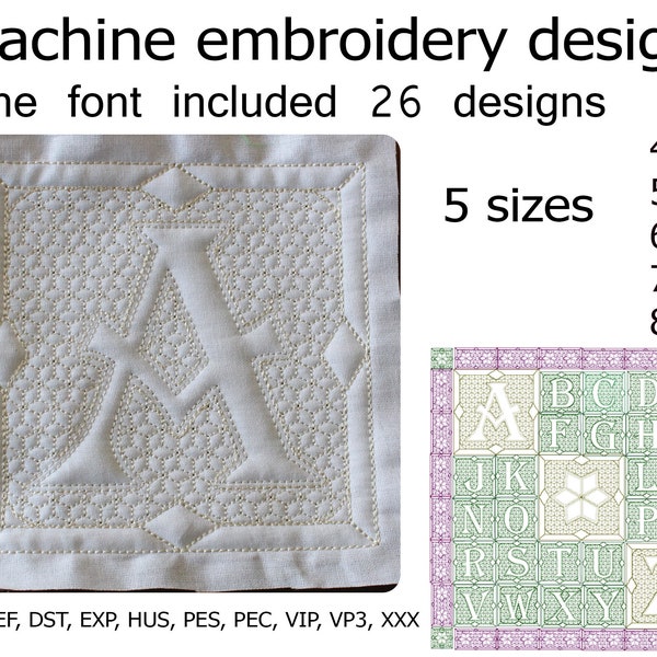 Quilt block Alphabet  Embroidery design Trapunto Machine Embroidery files Monogram 5 sizes 4x4 5x5 6x6 7x7 8x8