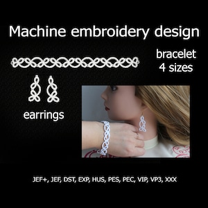 May include: Machine embroidery design for a bracelet and earrings. The design features a white, intricate pattern. The bracelet is shown on a model's wrist and the earrings are shown on a model's ears. The design is available in four sizes and in the following formats: JEF+, JEF, DST, EXP, HUS, PES, PEC, VIP, VP3, XXX.