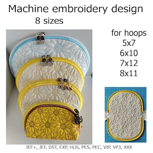 Pattern  for  Clam up bag Chamomile Machine embroidery design   8 sizes  The zipper is attached right in the hoop.