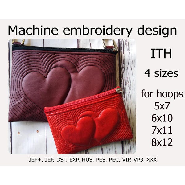 Diseño de bordado a máquina en bolsa de aro con corazones para proyectos ITH para aros de 5x7, 6x10, 7x11 y 8x12