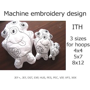 May include: White fabric monster plushies with black embroidered outlines, in three sizes. The text "Machine embroidery design" and "ITH" are at the top. The sizes are for 4x4, 5x7, and 8x12 hoops.