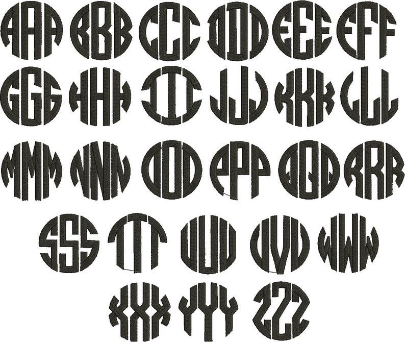 K&ouml;nnte beinhalten: Ein Satz schwarzer und wei&szlig;er Monogramm-Buchstaben in einem Kreis. Die Buchstaben sind in einer fetten, Blockschrift. Die Buchstaben sind von A bis Z.