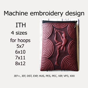 May include: Machine embroidery design for an in-the-hoop project. The design features a stylized dancer with a swirling background. The design is available in four sizes: 5x7, 6x10, 7x11, and 8x12 inches. The design is available in the following formats: JEF+, JEF, DST, EXP, HUS, PES, PEC, VIP, VP3, and XXX.