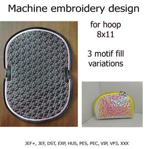Könnte beinhalten: Maschinenstickdesign für einen Stickrahmen von 20,3 x 27,9 cm. Das Bild zeigt ein schwarz-graues Stickdesign mit rosa Rand und eine kleine schillernde Kosmetiktasche. Der Text zeigt 3 Motivfüllvarianten.