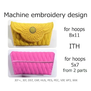 May include: Machine embroidery design for a quilted clutch bag with a sunflower design. The design is available in two sizes: 8x11 inches and 5x7 inches. The design is available in the following formats: JEF+, JEF, DST, EXP, HUS, PES, PEC, VIP, VP3, XXX.