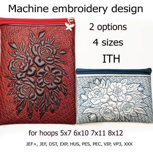 Könnte beinhalten: Zwei Reißverschlusstaschen mit Maschinenstickereien. Eine rote Tasche mit einem schwarzen Rosendesign und eine blaue Tasche mit einem weißen Rosendesign. Der Text auf dem Bild lautet "Machine embroidery design", "2 options", "4 sizes", und "for hoops 5x7 6x10 7x11 8x12".