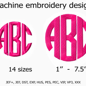 K&ouml;nnte beinhalten: Maschinenstickdesign der Buchstaben ABC in einem rosa Kreis. Das Design ist in 14 Gr&ouml;&szlig;en erh&auml;ltlich, von 1 bis 7,5 Zoll. Dateiformate umfassen JEF+, JEF, DST, EXP, HUS, PES, PEC, VIP, VP3 und XXX.