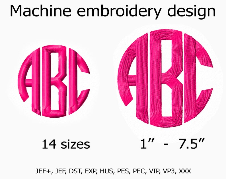 K&ouml;nnte beinhalten: Maschinenstickdesign der Buchstaben ABC in einem rosa Kreis. Das Design ist in 14 Gr&ouml;&szlig;en erh&auml;ltlich, von 1 bis 7,5 Zoll. Dateiformate umfassen JEF+, JEF, DST, EXP, HUS, PES, PEC, VIP, VP3 und XXX.