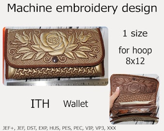 En el diseño de bordado Hoop Wallet Rose ITH monedero, funda para teléfono, embrague, bolso pequeño. Cartera ITH proyecto para aro 8x12