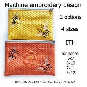 Maskinbroderidesign med bi och blomma i ITH-projektet In the Hoop Bag