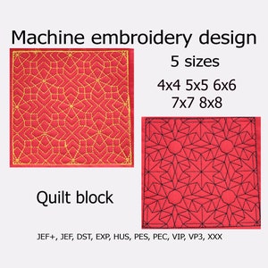 Puede incluir: Diseño de bordado a máquina para un bloque de colcha en cinco tamaños: 4x4, 5x5, 6x6, 7x7 y 8x8. El diseño presenta un patrón geométrico de estrellas entrelazadas en hilo dorado sobre un fondo de tela roja. El diseño está disponible en los formatos JEF+, JEF, DST, EXP, HUS, PES, PEC, VIP, VP3 y XXX.