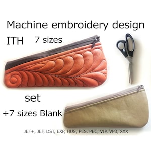 Könnte beinhalten: Maschinenstickdesign-Set mit zwei Reißverschlusstaschen. Eine ist orange mit einem dekorativen Stichdesign, die andere ist beige. Das Bild enthält den Text "ITH 7 Größen" und "+7 Größen Blank". Eine Schere ist ebenfalls vorhanden.