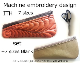 Könnte beinhalten: Maschinenstickdesign-Set mit zwei Reißverschlusstaschen. Eine ist orange mit einem dekorativen Stichdesign, die andere ist beige. Das Bild enthält den Text "ITH 7 Größen" und "+7 Größen Blank". Eine Schere ist ebenfalls vorhanden.