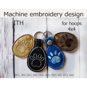 In the hoop Key Fob Paw embroidery design ITH projects for hoop 4x4