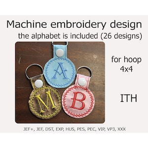 Round keychain ITH Key Fob  26 Letters embroidery design In The Hoop projects for hoop 4x4 Initial embroidery file