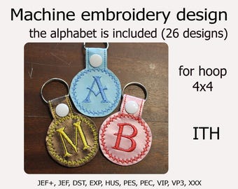 Round keychain ITH Key Fob  26 Letters embroidery design In The Hoop projects for hoop 4x4 Initial embroidery file