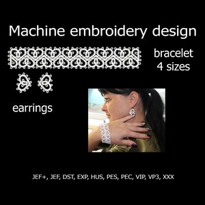 Op de afbeelding: Machine borduurontwerp voor een armband en oorbellen. Het ontwerp heeft een delicaat wit kantpatroon met een hartmotief. De armband is verkrijgbaar in vier maten. De afbeelding toont het ontwerp in de formaten JEF+, JEF, DST, EXP, HUS, PES, PEC, VIP, VP3 en XXX.