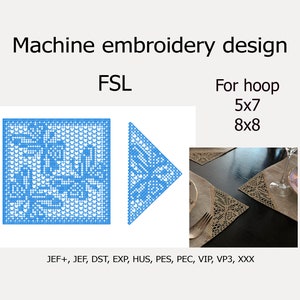 Może przedstawiać: Wzór do haftu maszynowego dla obręczy 5x7 lub 8x8. Wzór przedstawia niebieski i biały wzór koronki z sercami. Wzór jest dostępny w formatach JEF+, JEF, DST, EXP, HUS, PES, PEC, VIP, VP3 i XXX.