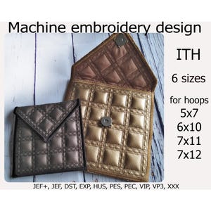 May include: Machine embroidery design featuring two quilted clutch bags in metallic gold and bronze. The bags have a geometric pattern and magnetic closures. The image includes text indicating the design is available in six sizes for various hoop sizes.
