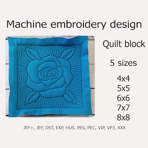 Blocco trapuntato Rosa Disegno ricamo Trapunto File ricamo 5 misure 4x4 5x5 6x6 7x7 8x8