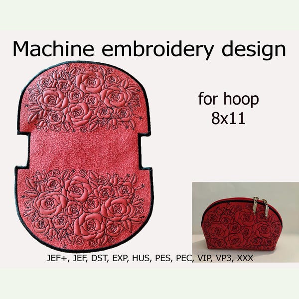 Diseño de bordado a máquina: patrón para bolso Clam up Rose. Proyecto para bastidor de 8x11 pulgadas. Nueva versión: la cremallera se coloca directamente en el bastidor.
