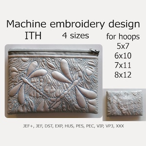 May include: Machine embroidery design for in-the-hoop projects, featuring two dragonflies on a gray background. The design is available in four sizes: 5x7, 6x10, 7x11, and 8x12 inches. File formats include JEF+, JEF, DST, EXP, HUS, PES, PEC, VIP, VP3, and XXX.