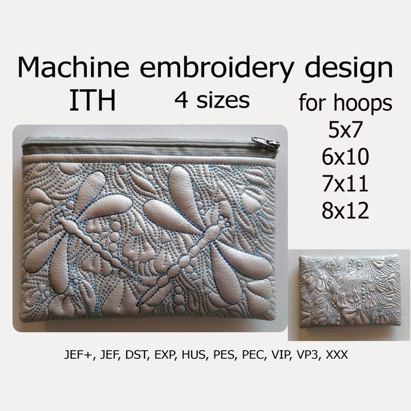 Diseño de bordado a máquina en bolsa de aro Libélulas y flores Proyecto ITH