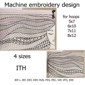 May include: Machine embroidery design showing a woman's face and flowing hair, with detailed patterns. The design is available for 5x7, 6x10, 7x11, and 8x12 hoops. The image also includes the text "4 sizes" and "ITH".