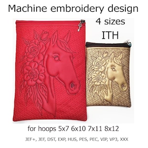 Pode incluir: Design de bordado à máquina com uma cabeça de cavalo e detalhes florais. Disponível em quatro tamanhos, para bastidores 5x7, 6x10, 7x11 e 8x12. O design é vermelho e dourado.