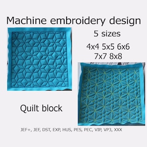 May include: Two teal quilt blocks with machine embroidery designs. One features a geometric pattern, the other a floral design. Text reads "Machine embroidery design," "5 sizes," and "Quilt block."
