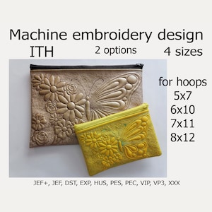 Könnte beinhalten: Zwei Stickmuster für In-the-Hoop-Projekte. Die Designs zeigen einen Schmetterling und Blumen in einem beige-gelben Farbschema. Die Designs sind in vier Größen erhältlich: 5x7, 6x10, 7x11 und 8x12 Zoll. Die Designs sind mit folgenden Stickdateiformaten kompatibel: JEF+, JEF, DST, EXP, HUS, PES, PEC, VIP, VP3 und XXX.